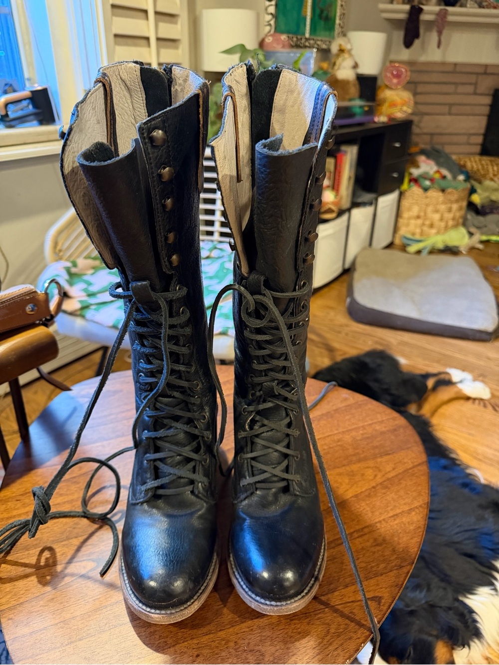 Freebird by Steven Grany Black Leather Lace-Up Block Heel Boots - Picture 5 of 7